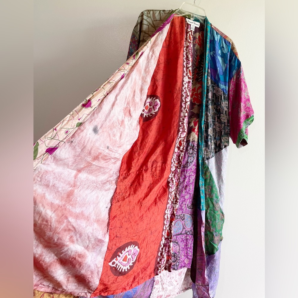 Sacred Threads Silk Kimono Robe Multicolor Patchwork Small - Picture 9 of 16
